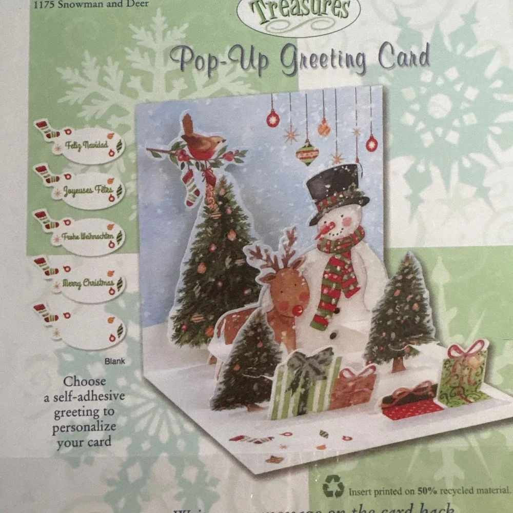 2‎ Treasures Pop Up Christmas Cards Bird with Stockings Snowman Holiday Tree